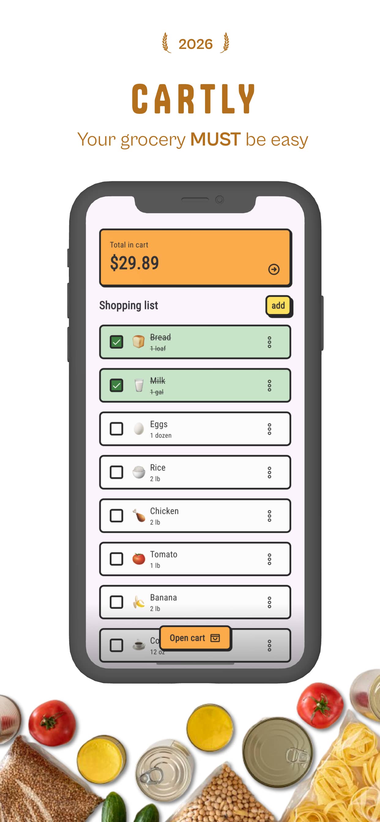 Cartly smart shopping list with items grouped by aisle